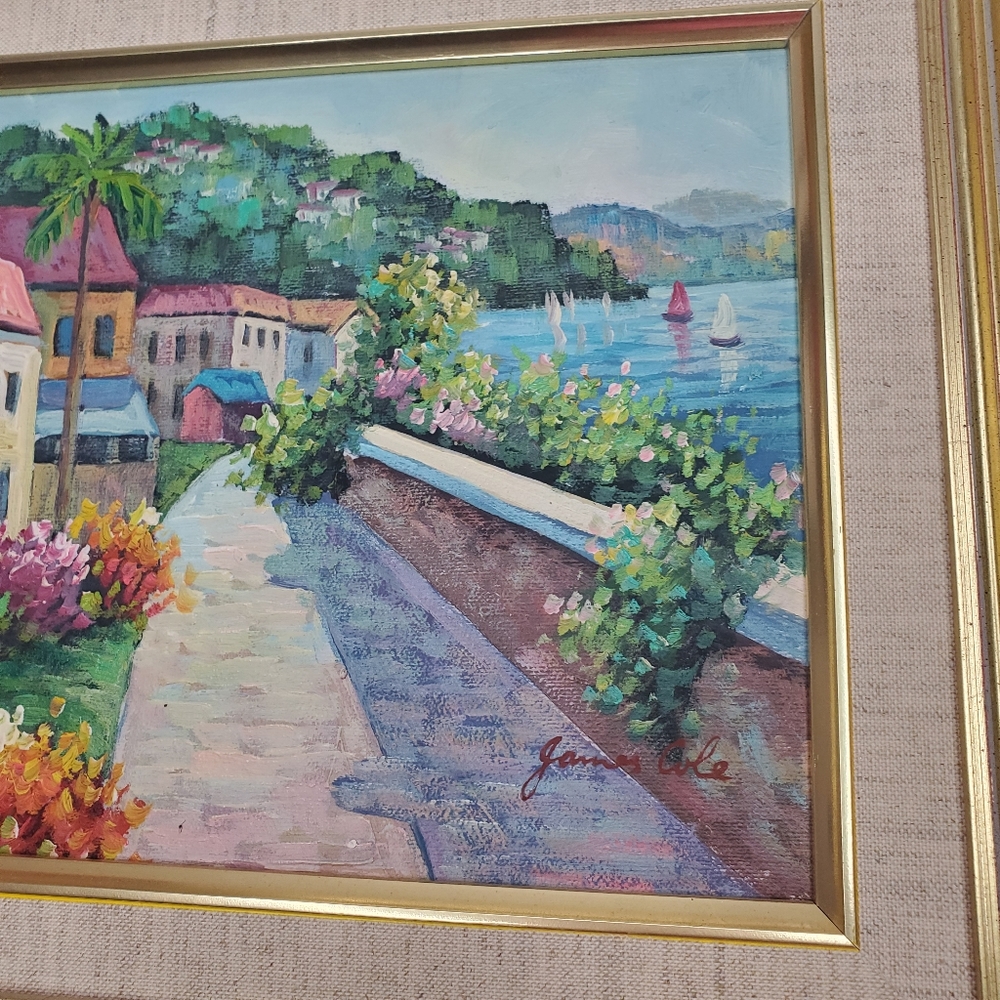 Original Acrylic Framed Art Painting James Cole Mediterranean Coastal Village - Picture 5 of 9